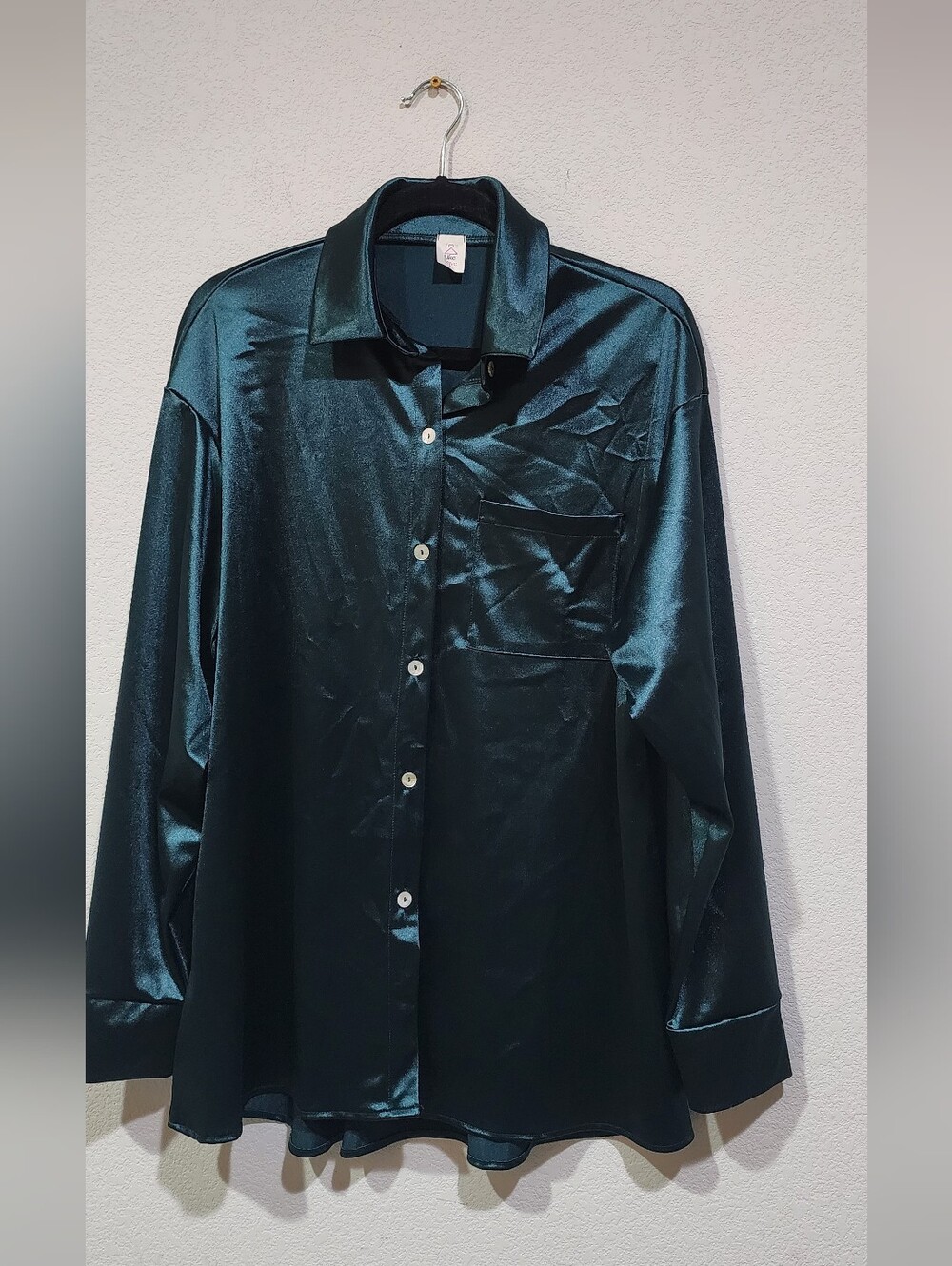 Like Love Women's Satin Button-Up Shirt in Deep Teal Size L